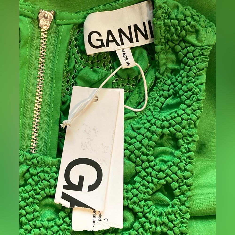 NWT Ganni Green Smocked Beaded Detail Satin Maxi Dress - Sz 4 - Picture 7 of 11